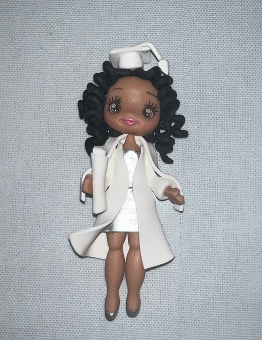 Pre-made Graduation Doll  4 inch with White Cap and Gown Silver Dress and shoes
