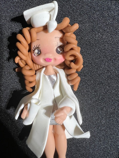 Pre-made Graduation Doll  4 inch with White Cap and Gown Silver Dress and shoes