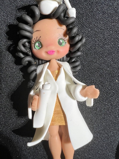Pre-made Graduation Doll 4 inch with White Cap and Gown, Gold Dress and shoes