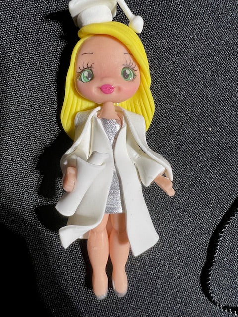 Pre-made Graduation Doll  4 inch with White Cap and Gown Silver Dress and shoes